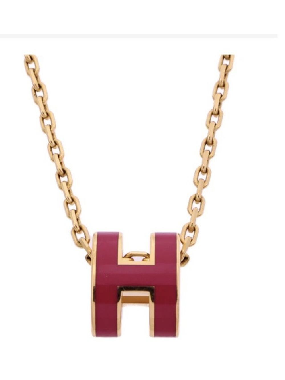 Gold Tone Cable Chain Necklace Pink Enamel Letter Hermes